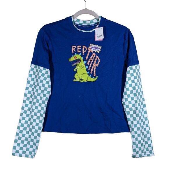 Rugrats Reptar Long Sleeve Dinosaur TShirt Nickelodeon Blue Checkered S Crew Tee - Picture 1 of 9